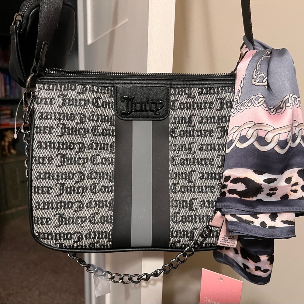 Juicy Couture Black & Gray Logo Crossbody Bag with Full Size Large Juicy Scarf